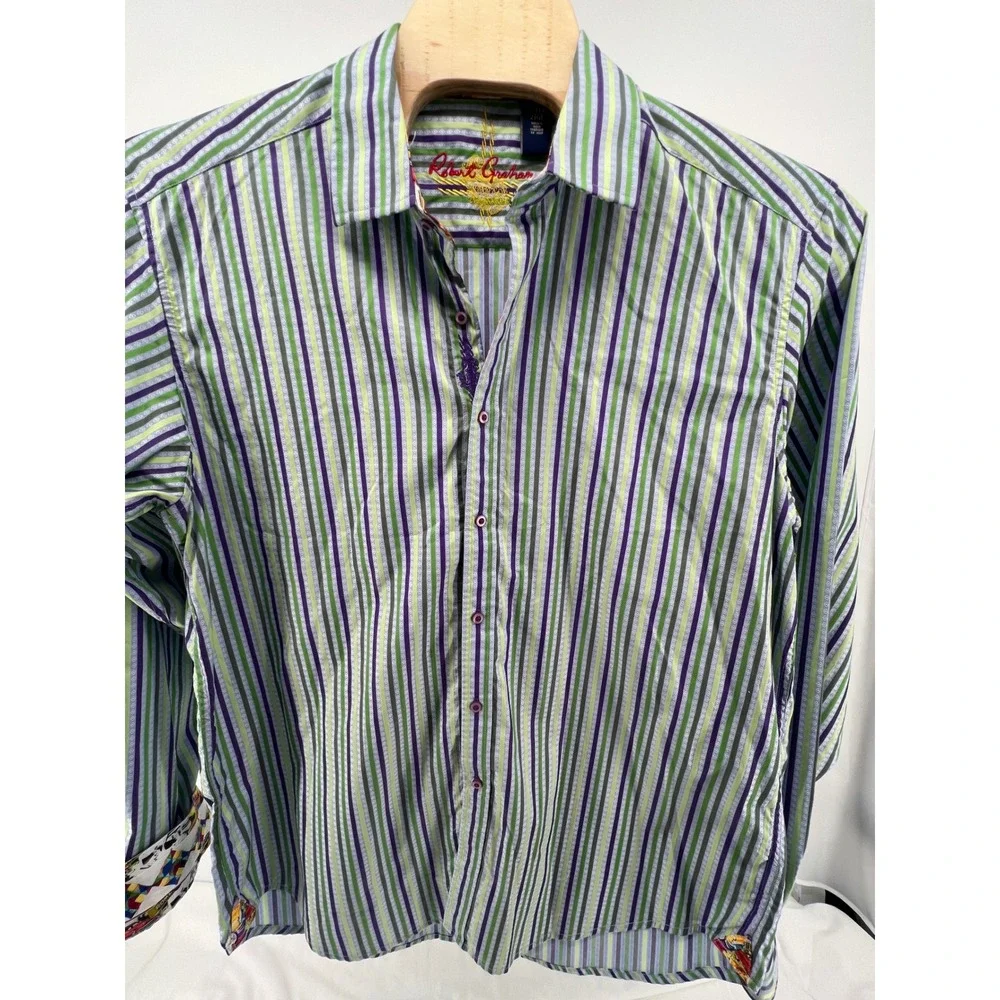 Robert Graham Men's 2XLT Green Purple Stripe Long Sleeve Button Down Shirt - Picture 5 of 13